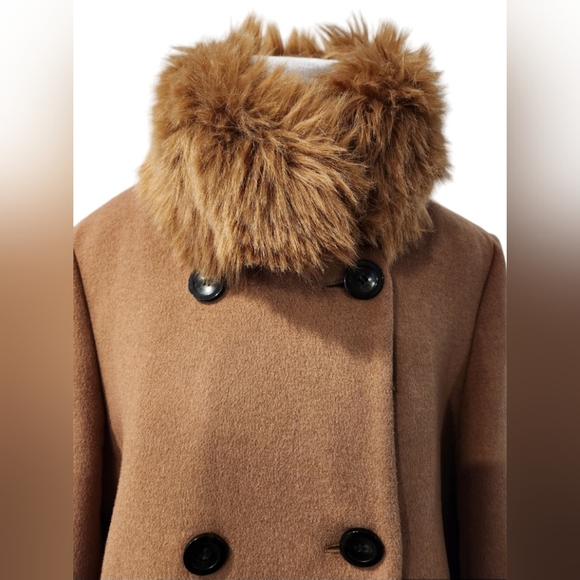 Ann Taylor Tan Wool Double Breasted Coat with Removable Fur Collar - Picture 5 of 9